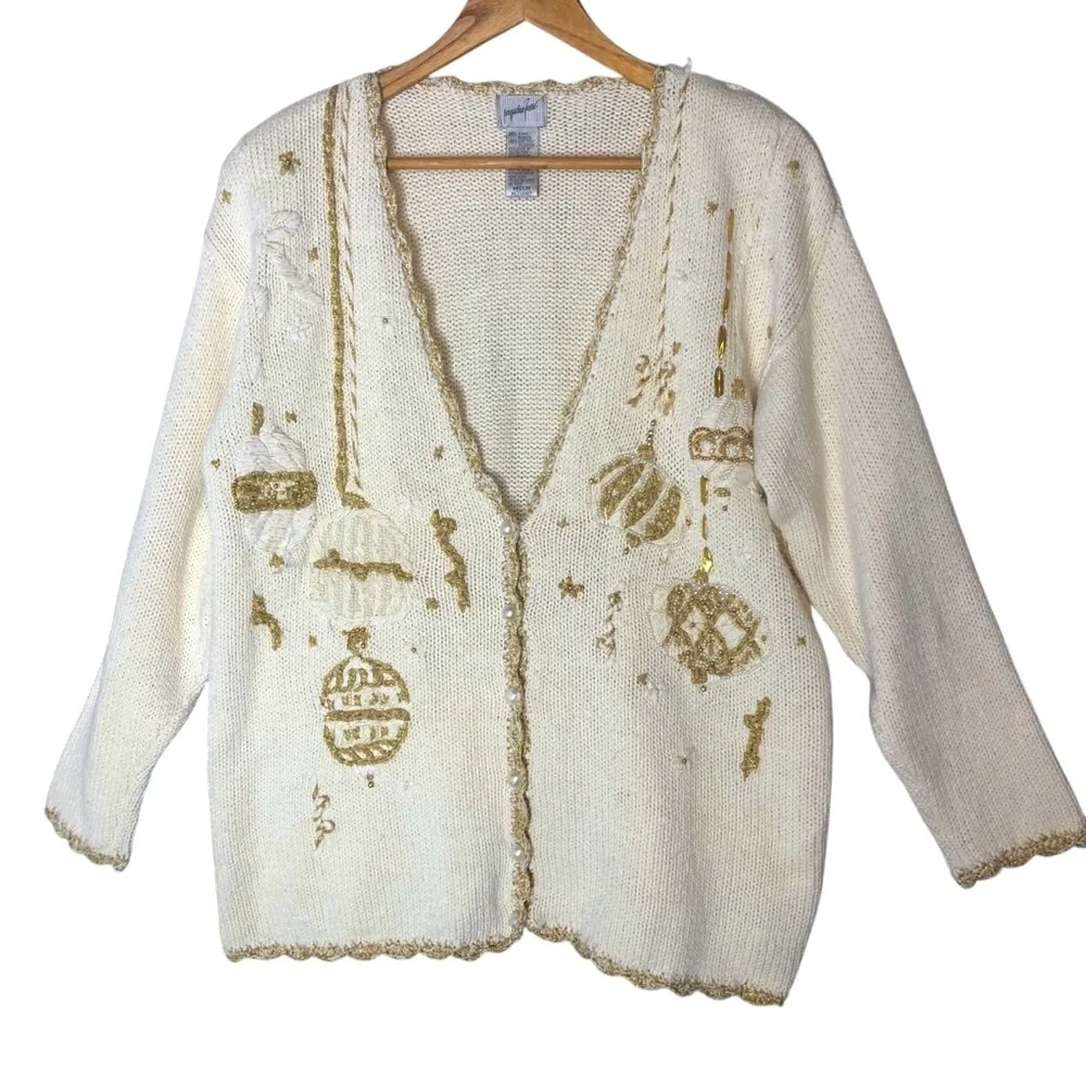 Vintage 90's Jacqueline Ferrar Sweater Cardigan Sz M Cream Gold Ornament Ramie